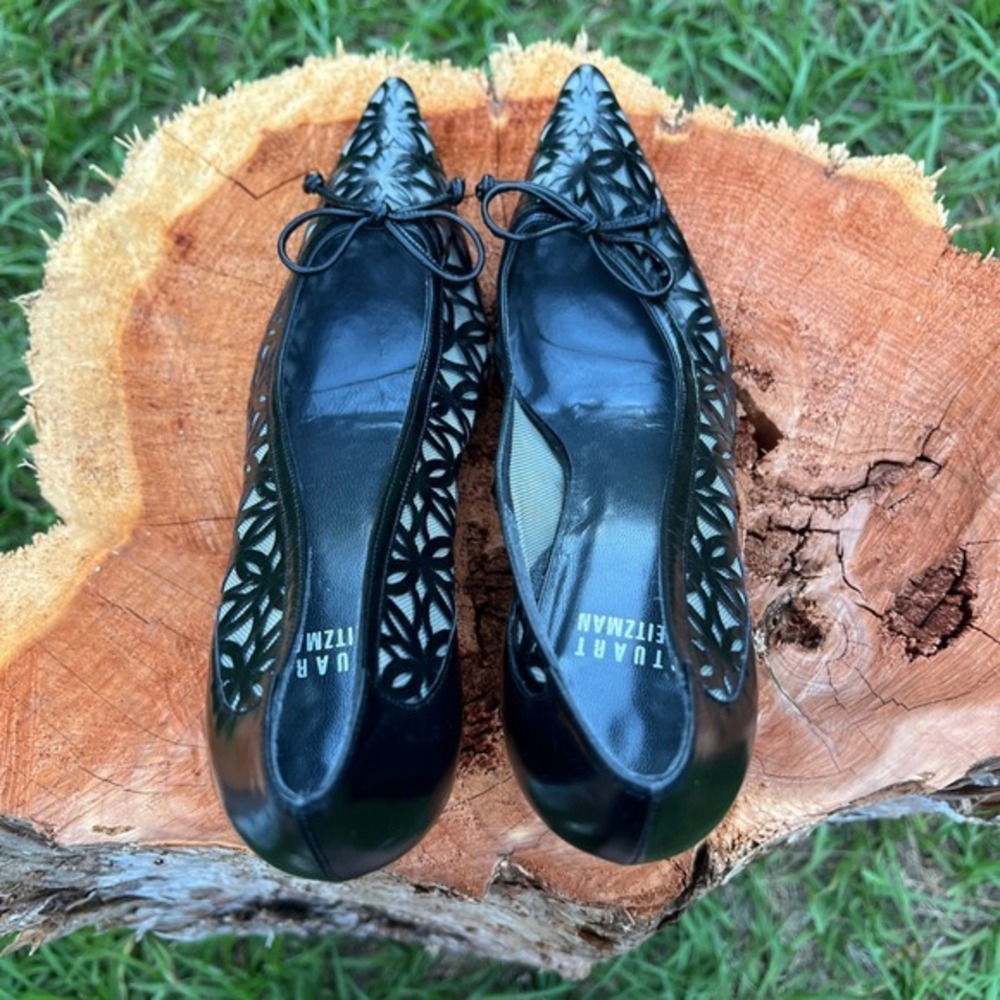 Stuart Weitzman Pointed Toe Heels Laser Cut Kitten Heel Bow Detail Pumps Black 6 - Picture 6 of 9